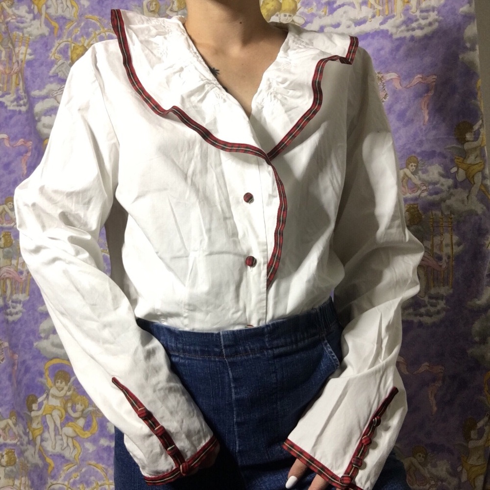 Vintage plaid white ruffle collar button up shirt